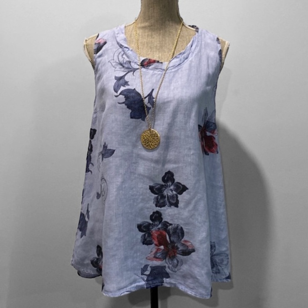 Made In Italy Linen Blue Floral Tank Top Size Medium